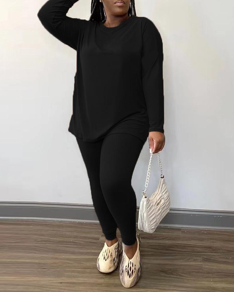 

Plus Size Long Sleeve Casual Top & Pants Set, Black