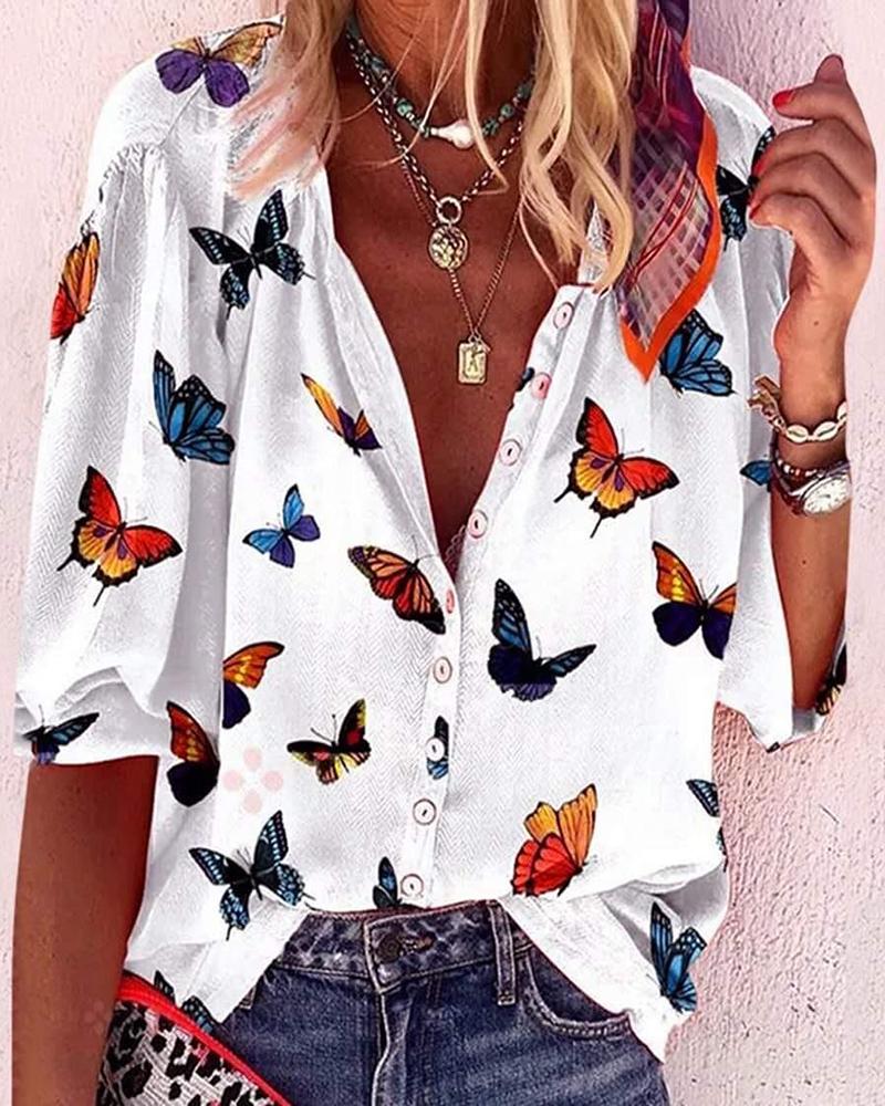 

Butterfly Print Half Sleeve Top, White
