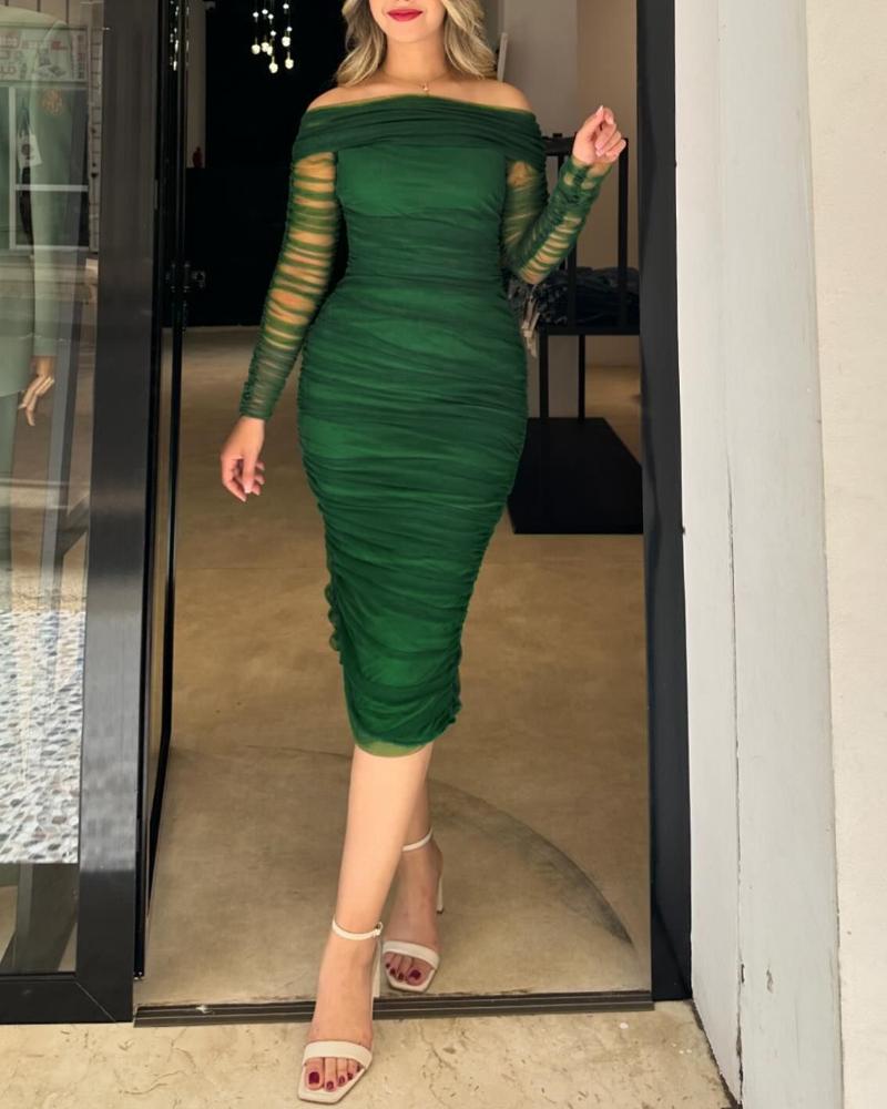 

Vestido de fiesta midi fruncido con mangas largas y escote en V de malla transparente y hombros descubiertos, Green