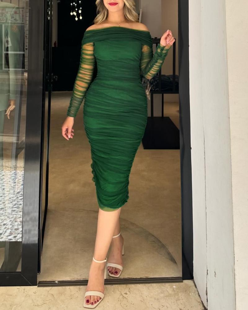 

Off Shoulder Sheer Mesh Bodycon Dress Long Sleeve Ruched Midi Party Dress, Green