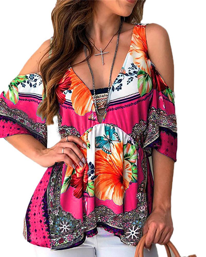 

Cold Shoulder V-neck Floral Print Women Top, Hot pink