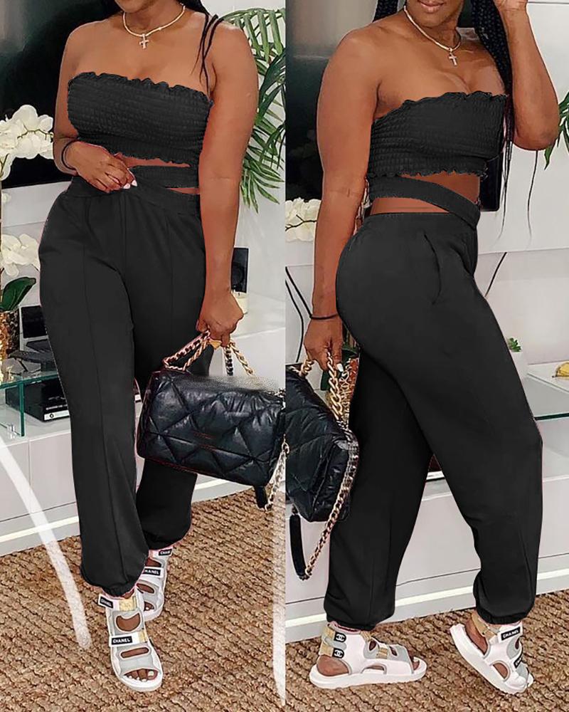 

Shirred Plain Off Shoulder Top & Pocket Design Pants Set, Black