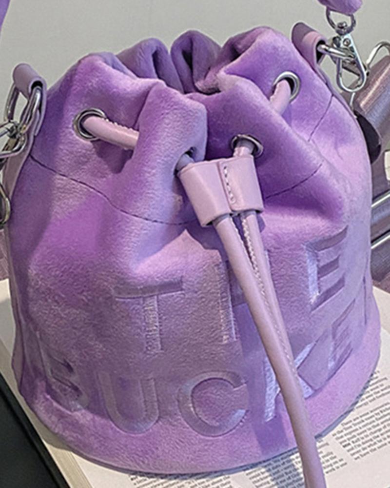 

Velvet Letter Pattern Drawstring Bucket Bag, Purple