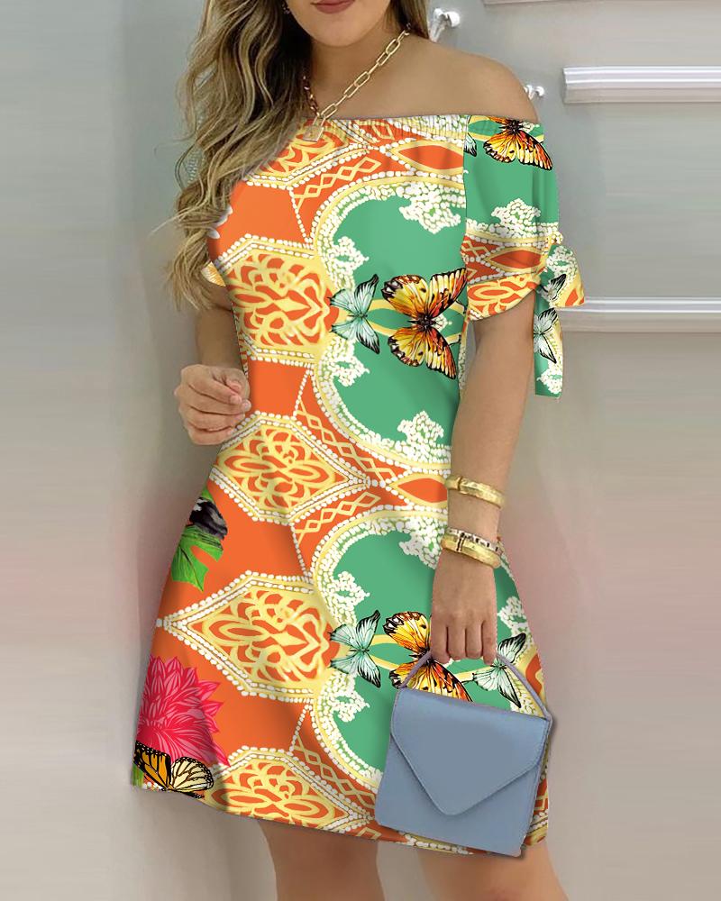 

Butterfly Floral Print Off Shoulder Tied Detail Casual Dress, Multicolor