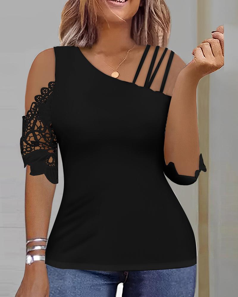 

Asymmetrical Cold Shoulder Lace Patch Top, Black