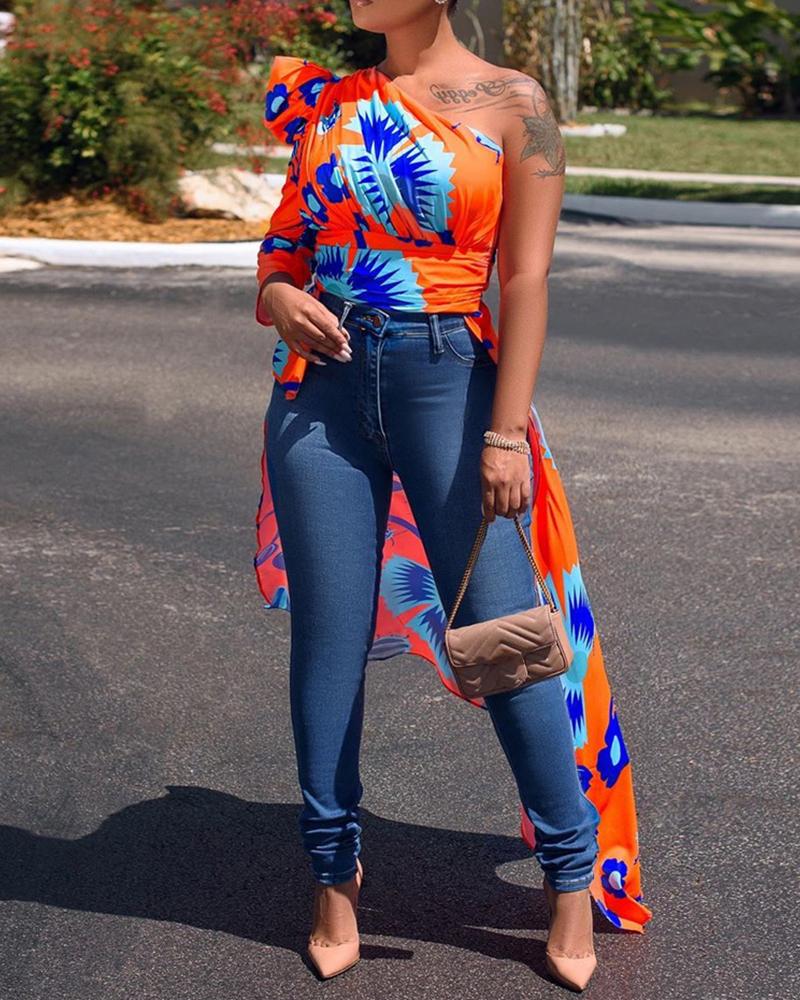 

One Shoulder Puff Sleeve Floral Print Dip Hem Top, Orange