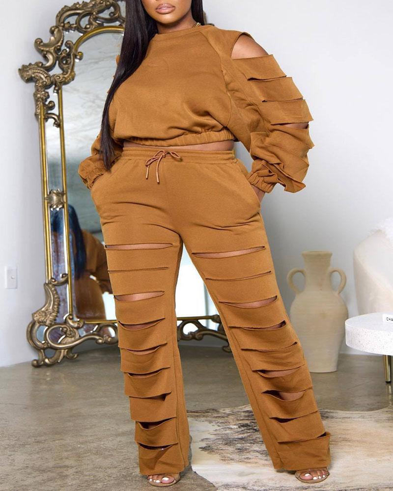 

Plus Size Ladder Cutout Long Sleeve Top & Pants Set, Brown