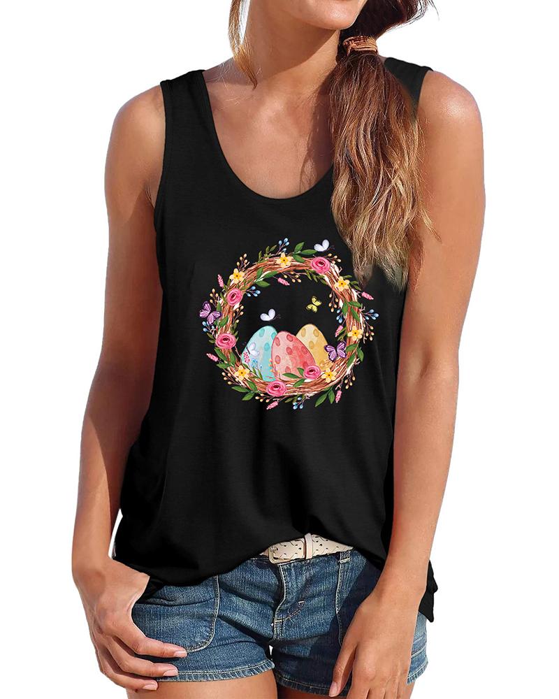 

Easter Eggs Print Graphic Tee Casual Tank Top, Black