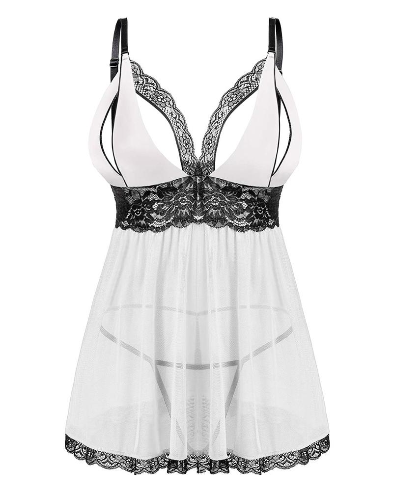 

Plus Size Sheer Mesh Lace Patch Babydoll With Panty, White