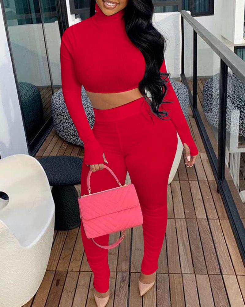 

Plain Ribbed Long Sleeve Crop Women Top & Ruched Pants Set, Red
