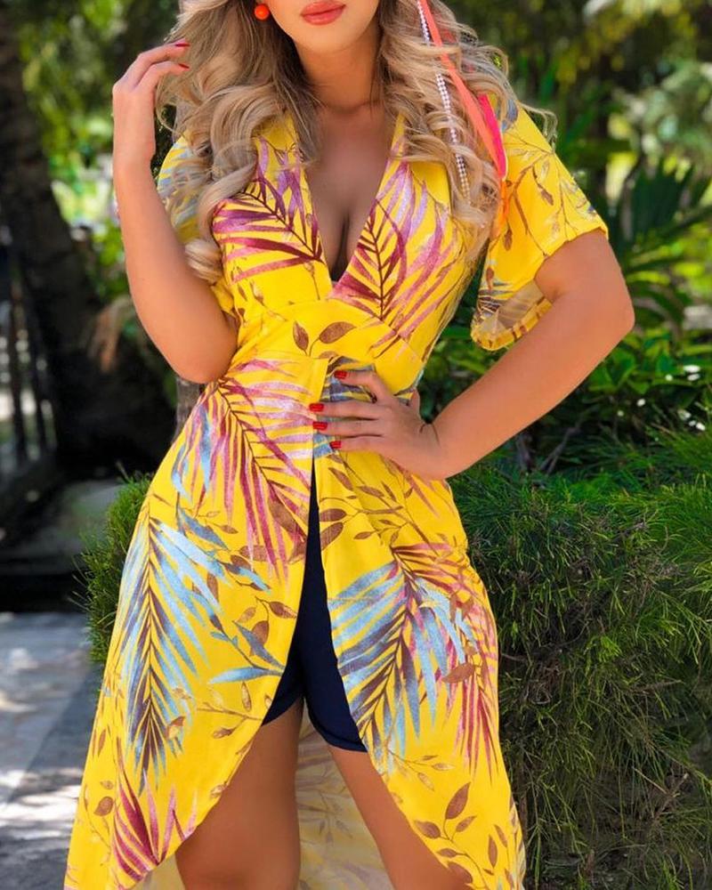 

Tropical Print Short Sleeve Dip Hem Top, Yellow