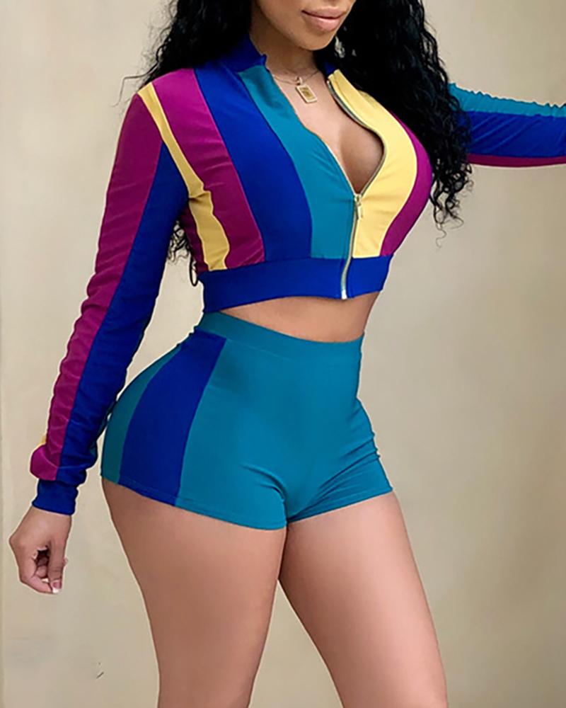 

Colorblock Insert Zipper Design Crop Top & Shorts Sets, Blue