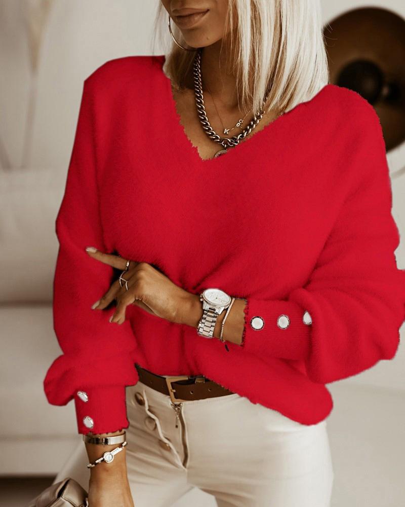 

V-Neck Button Decor Long Sleeve Fuzzy Sweater, Red