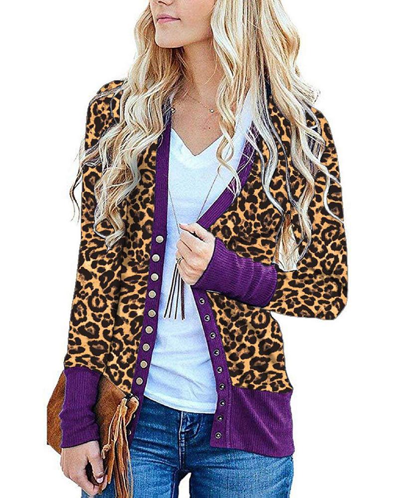 

Cheetah Print Buttoned Long Sleeve Coat, Purple