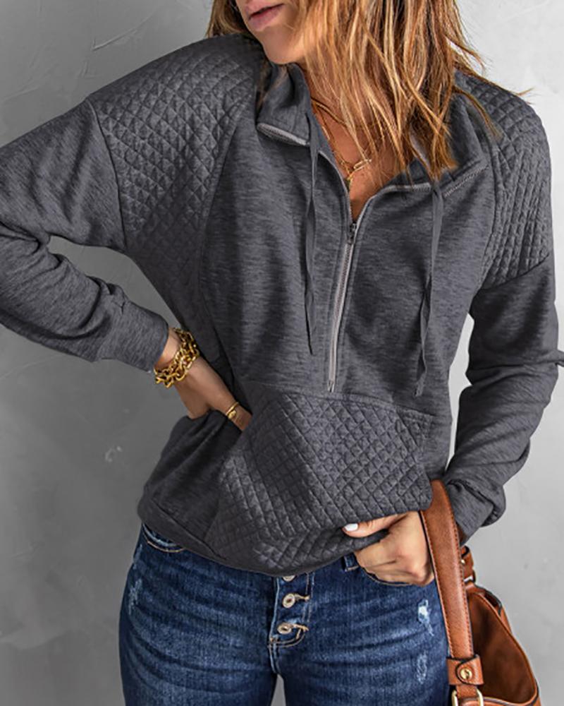 

High Neck Zipper Front Lantern Sleeve Sweatshirt, Dark grey