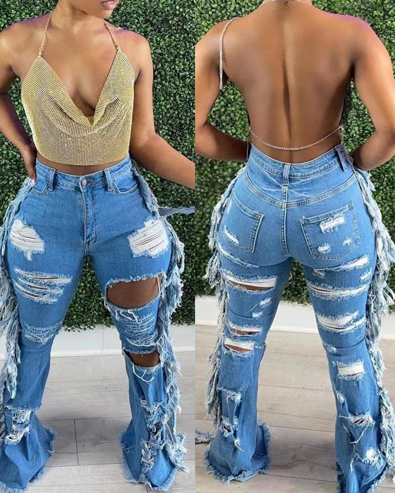 

High Waist Ripped Cutout Fringe Jeans, Lighted blue