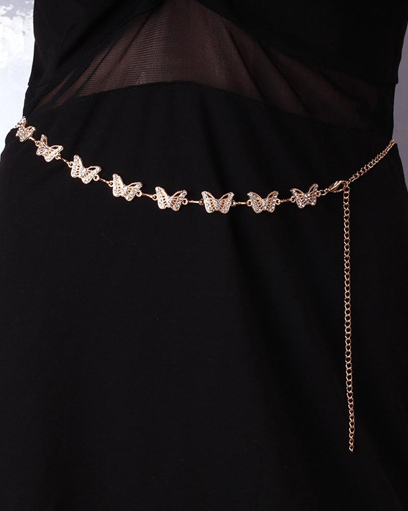 

1pc Rhinestone Butterfly Shaped Waist Chain, Gold