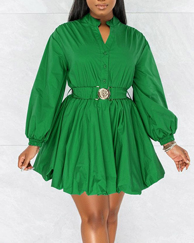 

Lantern Sleeve Button Front Belted Shirt Dress, Green