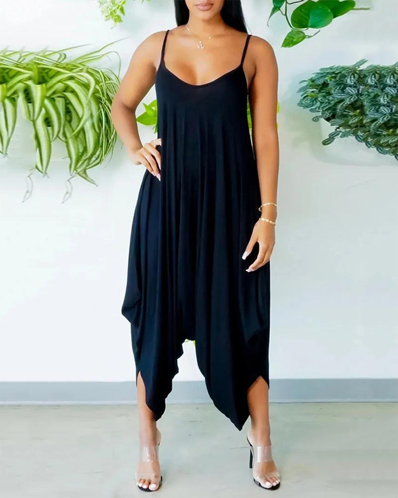 

Solid Draped Asymmetrical Hem Cami Jumpsuit, Black