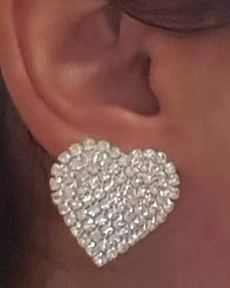 

1Pair Rhinestone Heart Shaped Stud Earrings, Silver