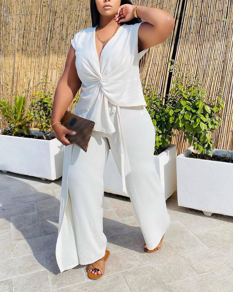 

Twist Design Top & Ruffle Hem Pants Set, White