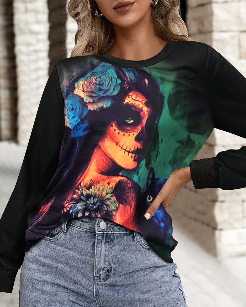 

Halloween Graphic Print Long Sleeve Sweatshirt, Black