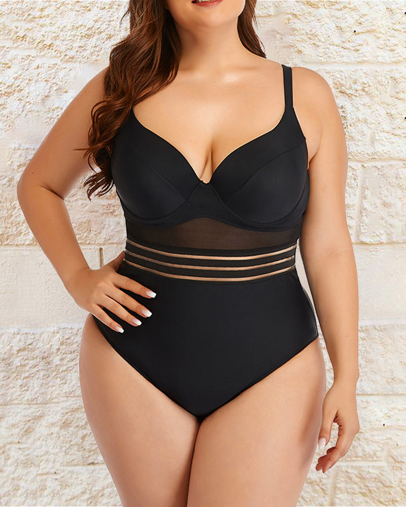 

Plus Size Contrast Mesh Backless One-Piece Swimsuit, Black