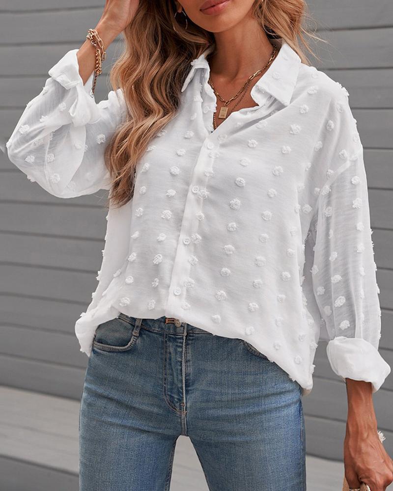 

Long Sleeve Swiss Dot Button Design Top, White
