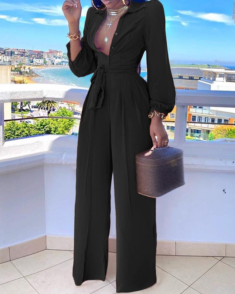 

Long Sleeve Buttoned Tied Detail Jumpsuit, Black