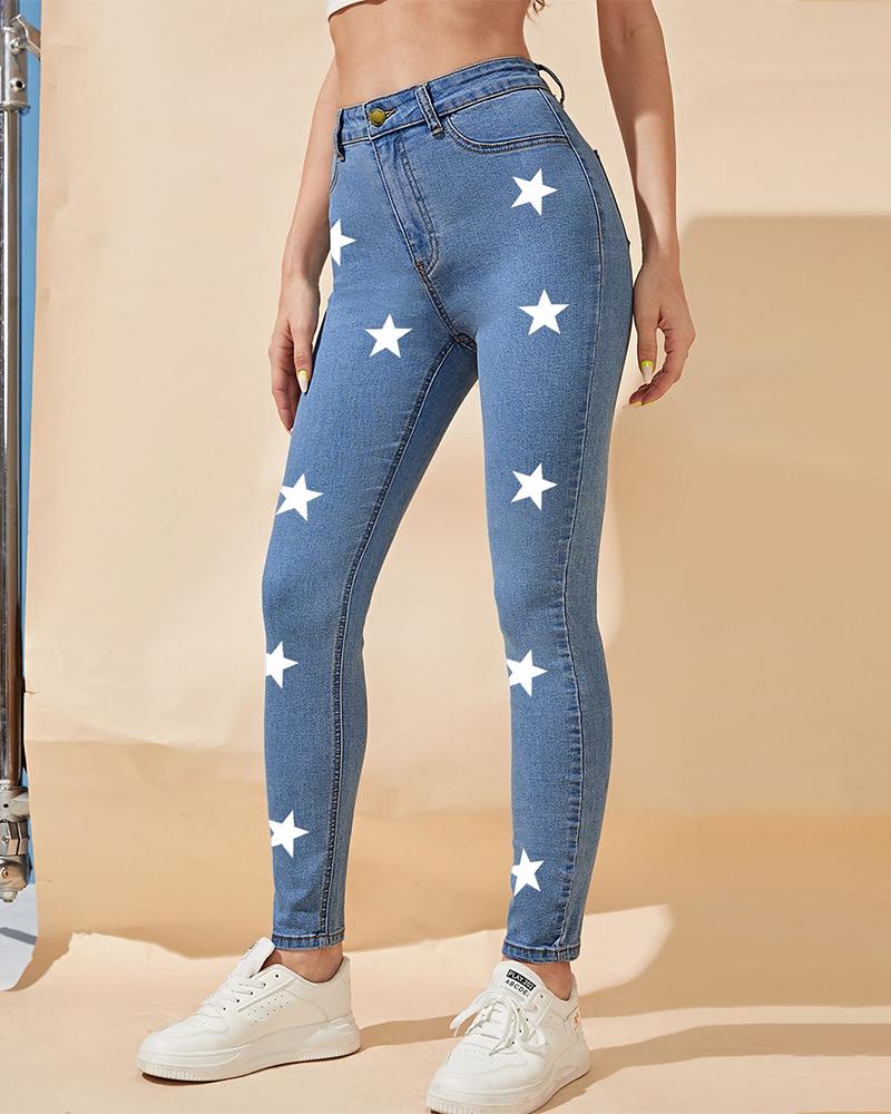 

Star Print Zipper Fly Contrast Lace Pocket Skinny Jeans, Blue