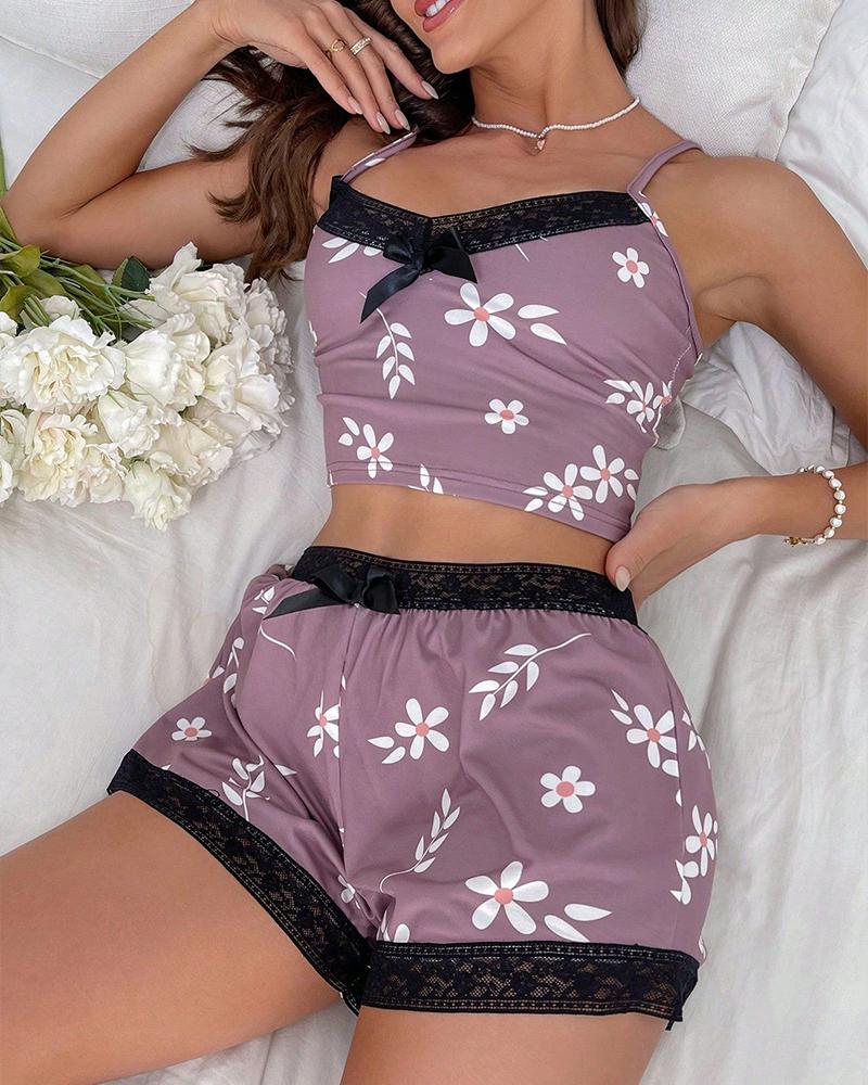 

Floral Print Lace Trim Bowknot Decor Cami Set, Purple