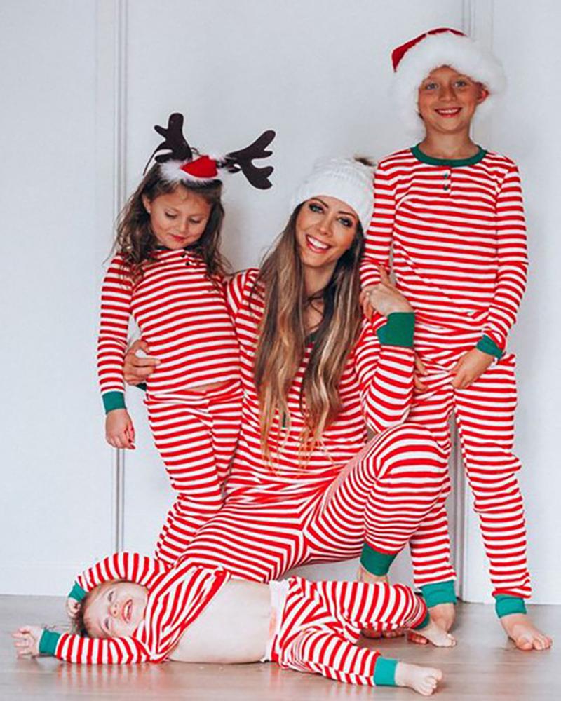 

Christmas Striped Print Family Pajamas For Adults, Red