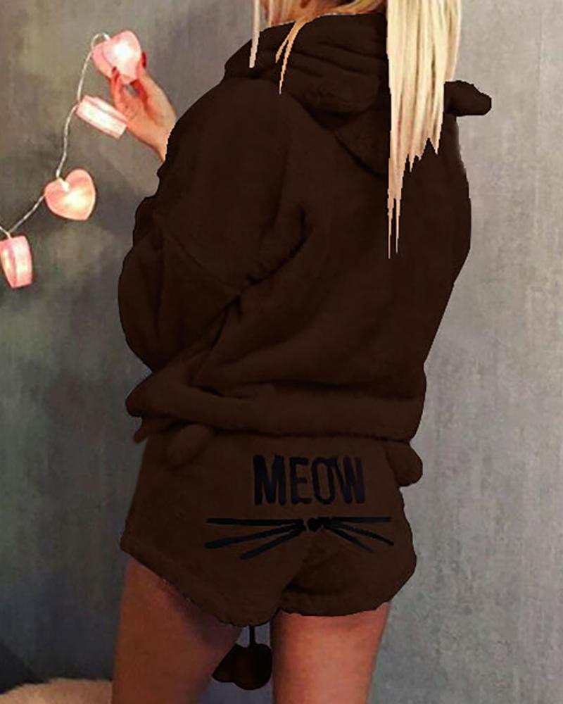 

Fluffy Hooded Coat & Short Sets, Coffee