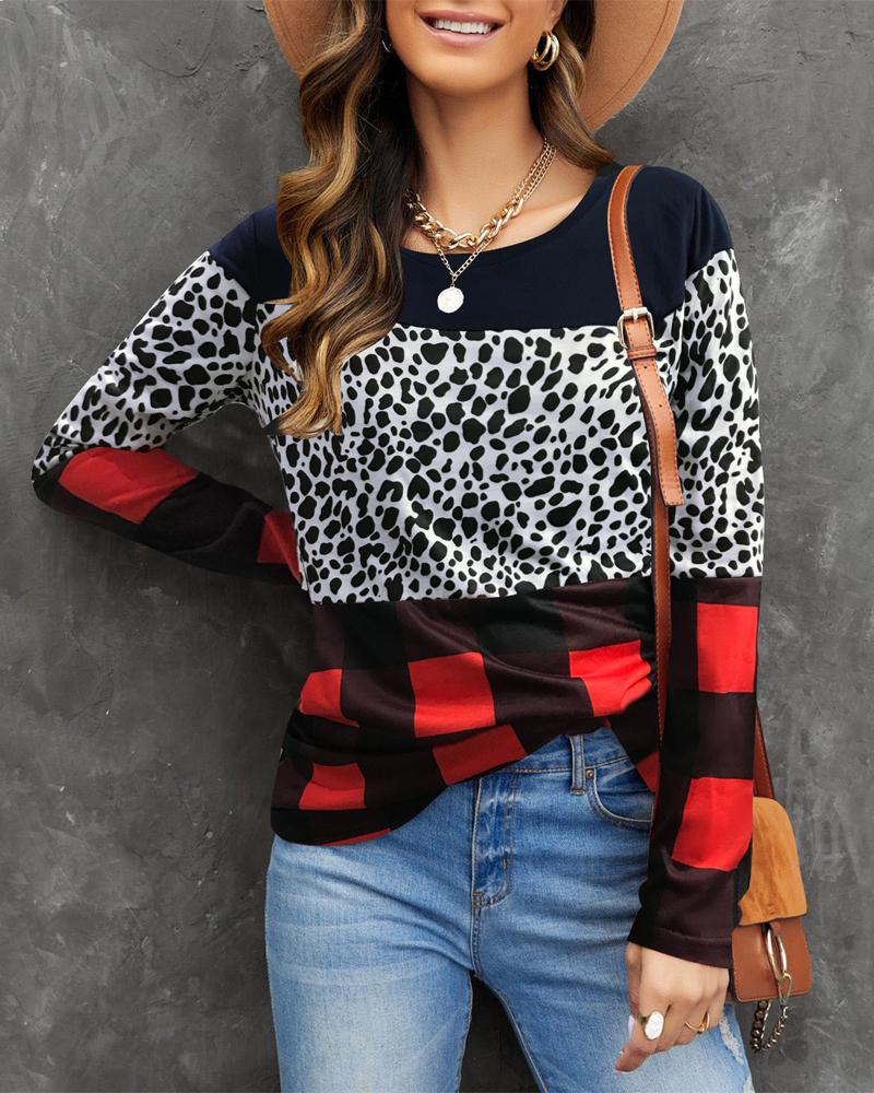 

Leopard Plaid Print Long Sleeve Top, Red