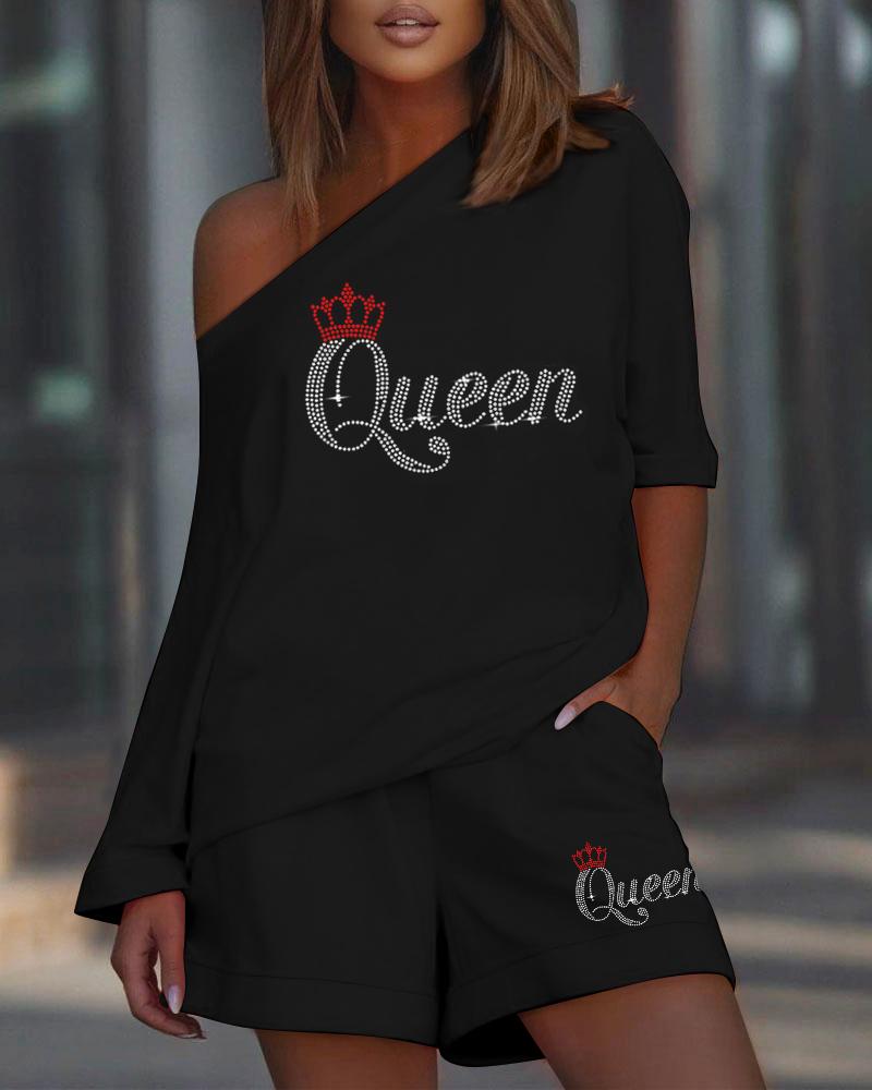 

Rhinestone Letter Crown Pattern Top & Shorts Set, Black