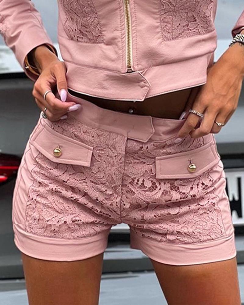 

Crochet Lace PU Leather Patch Button Front Shorts, Pink