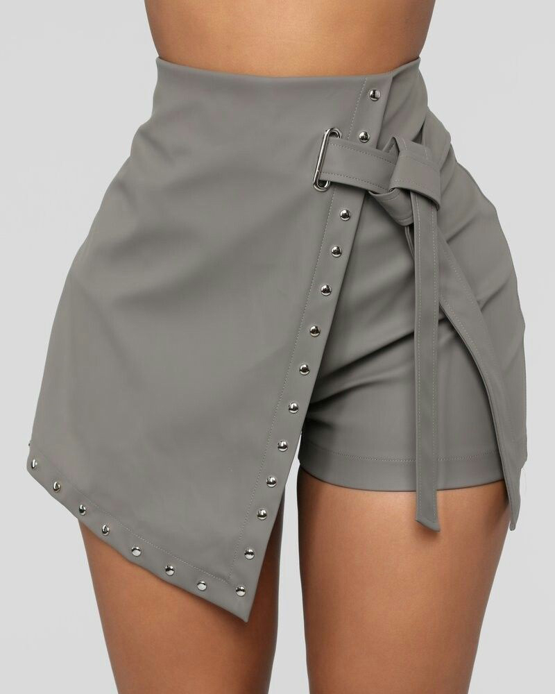 

High Waist Tied Detail Studded Skorts, Gray