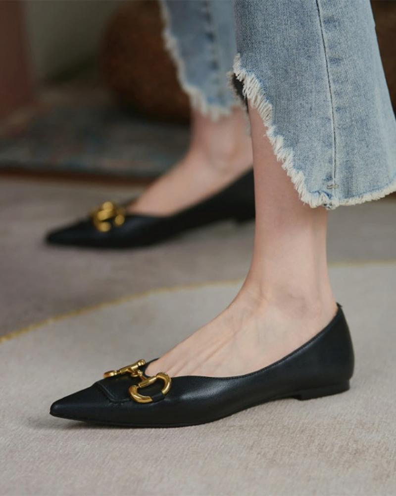 

Pointed Toe Metal Buckled Slip On Flats, Black
