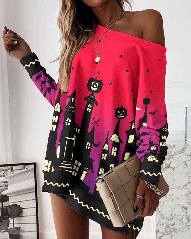 

Halloween Castle Print Split Hem Sweatshirt, Multicolor