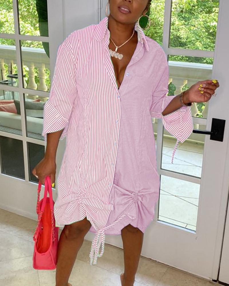 

Striped Colorblock Button Up Drawstring Shirt Dress, Pink