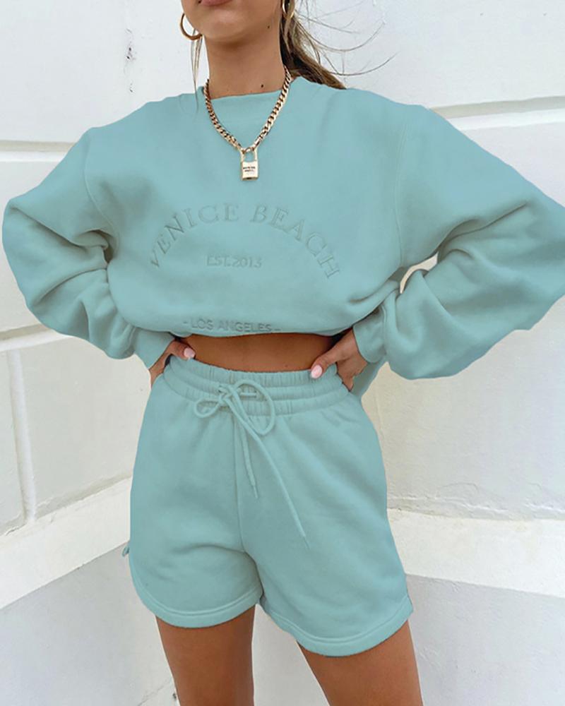 

Letter Embroidery Sweatshirt & Drawstring Shorts Set, Blue