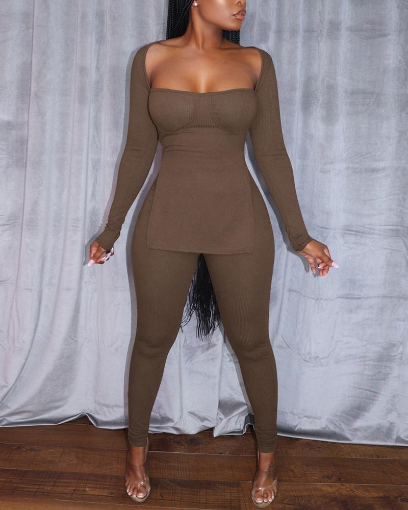 

Ribbed Split Hem Long Sleeve Top & Pants Set, Brown