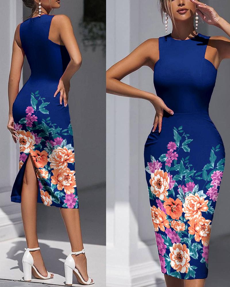 

Floral Print Sleeveless Split Back Bocydon Dress, Blue
