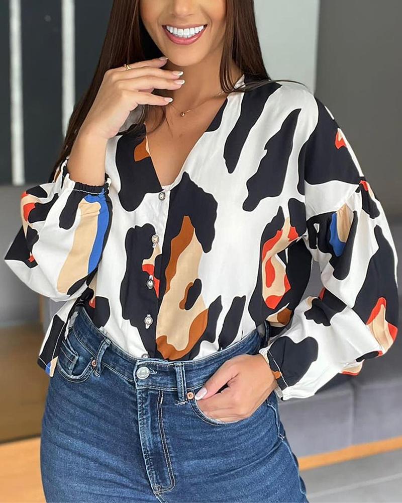 

Cow Print V-Neck Buttoned Top, White