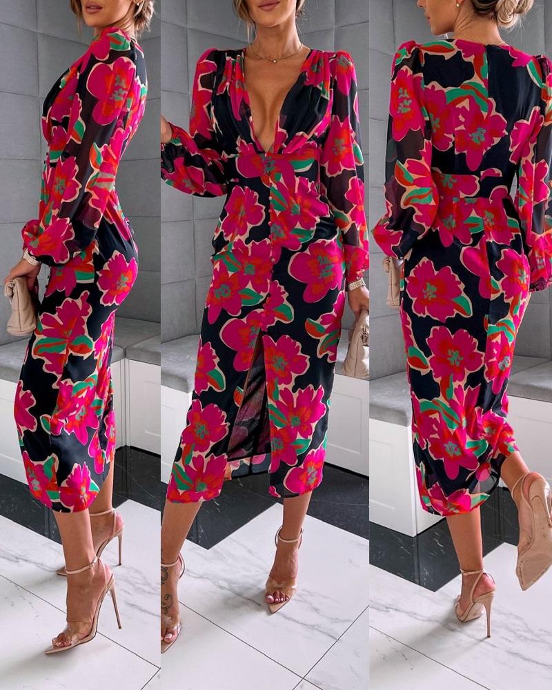 

Puff Sleeve Deep V-Neck Floral Print Dress, Black