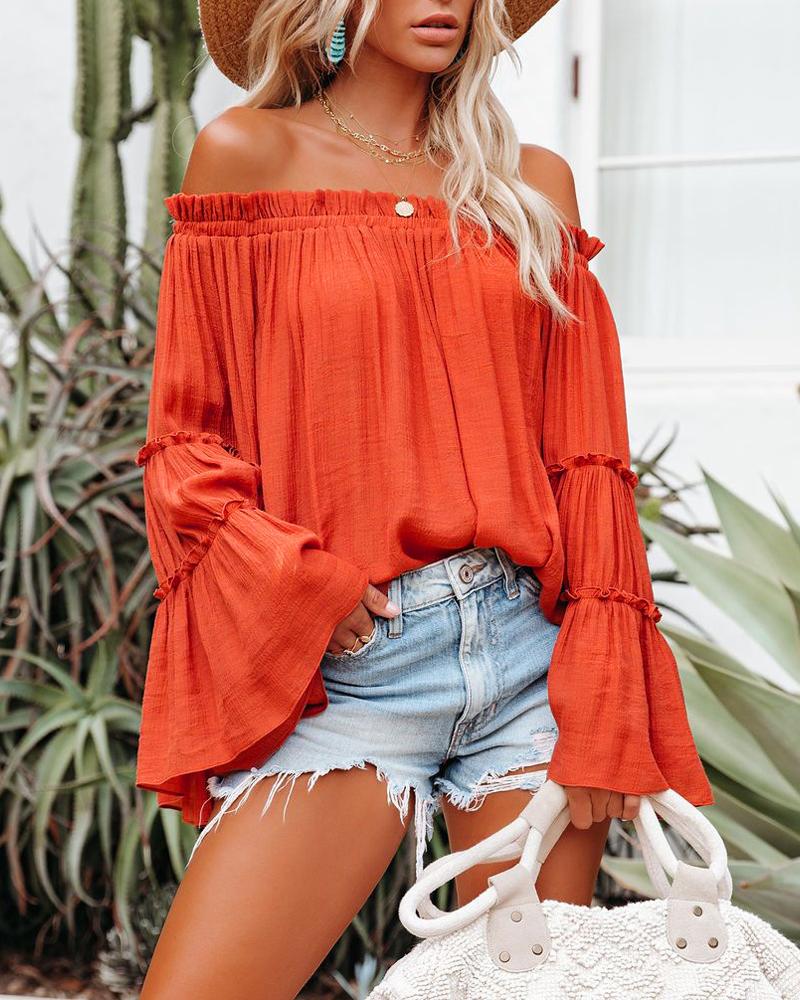 

Frill Hem Off Shoulder Bell Sleeve Top, Orange