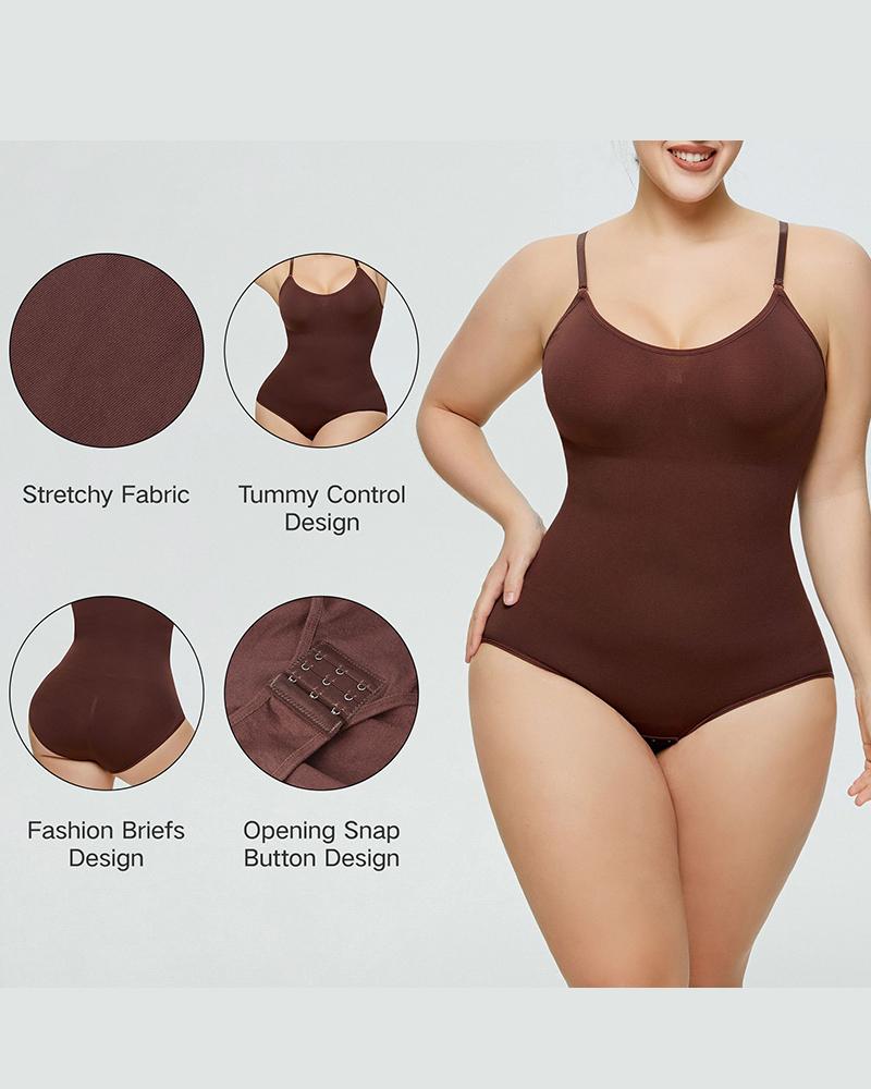 

Spaghetti Strap Butt Lifting Tummy Control Seamless Crotchless Shapewear Bodysuit, Coffee