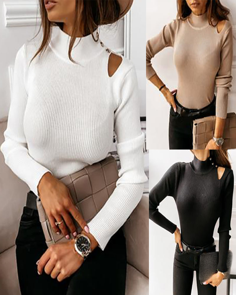 

High Neck Cutout Long Sleeve Sweater, White