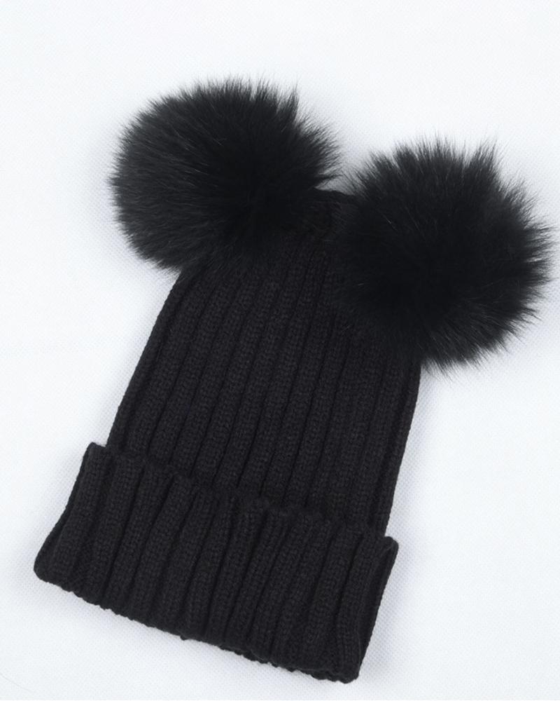 

Double Pom Pom Decor Knit Cuffed Beanie For Adult, Black