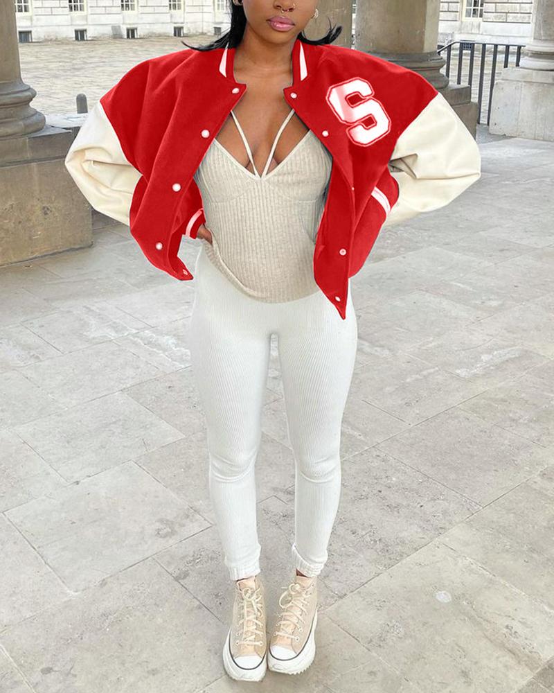 

Letter Print Long Sleeve Bomber Jacket, Red